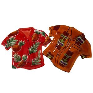 Clay Art Hawaiian Shirt Ceramic Plates Set of 2 Pineapple Tiki Tropical Luau Red